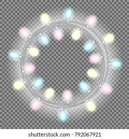 Garland in form of circle with glowing lights isolated on transparent background. Vector design element for Holiday cards, Christmas, New Year, birthday, party. Illuminated banner Template or mock up