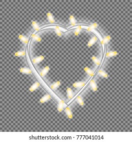 Garland in form of heart with glowing lights isolated on transparent background. Vector design element for Holiday cards, valentine's day Christmas, New Year, birthday, banners. Template or mock up