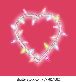 Garland in form of heart with glowing lights isolated on bright pink background. Vector design element for Holiday cards, valentine's day Christmas, New Year, birthday, banners. Template or mock up