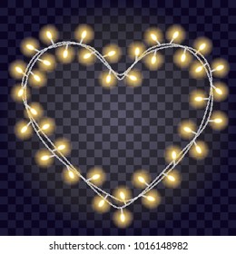 Garland in the form shape of heart with glowing yellow lights isolated on dark violet transparent background. Vector illustration. Festive frame for love cards on Valentines day, birthday, banners.