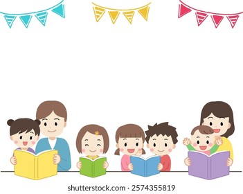 Garland frame material illustration of children reading and a family reading aloud