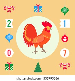 Garland gifts and Christmas decorations. Rooster bird as Symbol of New 2017 Year by Chinese calendar