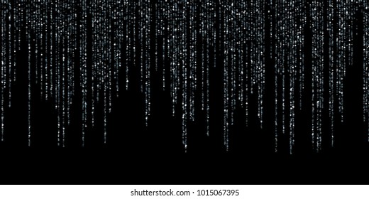 Garland glitter festoons hanging background vector. Sparkle dust falling down, flying confetti vertical lines. Holiday lights rain, carnival garlands. Celebration sparkle tinsels celebration design.