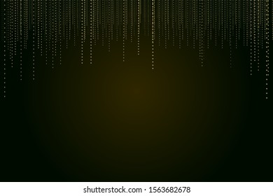 Garland glitter gold festoons hanging background vector. Sparkle dust falling down, flying confetti vertical lines. Holiday lights, carnival garlands. Shiny gold sparkle tinsels celebration design.