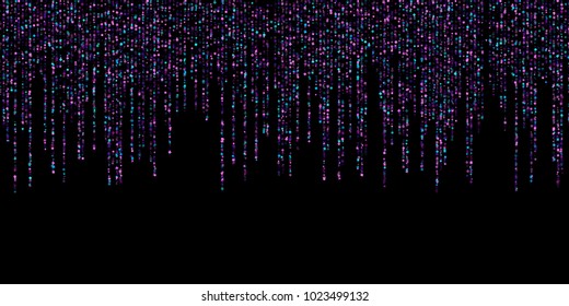 Garland glitter violet festoons hanging background vector. Sparkle dust falling, flying square confetti vertical lines. Holiday lights, carnival garlands. Festive sparkle tinsels celebration design.