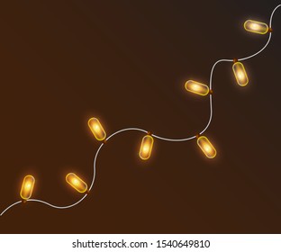 Garland with glowing bulbs on dark background, vector illustration