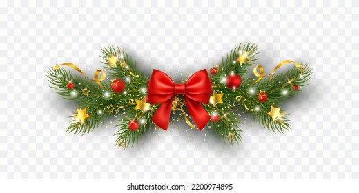 Garland with green fir branches, gold stars, lights, confetti on transparent background. Pine, xmas evergreen plants banner. Vector Christmas tree decor and red bow