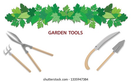 Garland of green leaves - Gardening tools - flat style - vector.