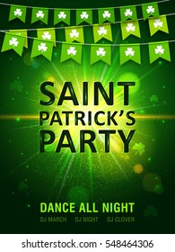 Garland Of Green Pennants With Clover On Shining Green Background. Irish Holiday Saint Patrick's Day. Vector Illustration For Party Poster, Banner, Disco Night Placard.