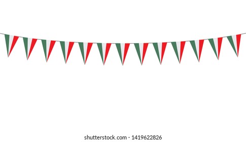 Garland with green white red pennants on a white background 