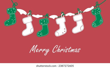 Garland with hanging Christmas socks on a rope with snow. Universal Banner template and postcards for New Year and Christmas with an empty space for text at the bottom. Merry Christmas