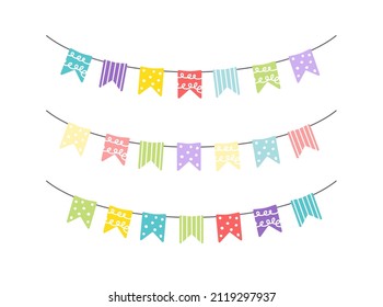 Garland of hanging flags. Set. Multicolored colorful checkboxes for children's party, Easter, birthday, greeting cards, decoration design. Clip art. Flat. Isolated vector stock illustration eps 10 on 