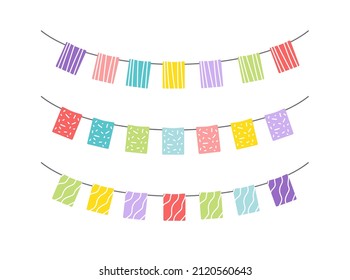 Garland of hanging flags. Set. Multicolored colorful checkboxes for children's party, Easter, birthday, greeting cards, decoration design. Clip art. Flat. Isolated vector stock illustration eps 10 on 