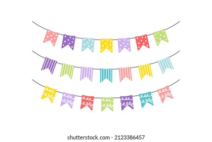 Garland of hanging flags. Set. Multicolored colorful checkboxes for children's party, Easter, birthday, greeting cards, decoration design. Clip art. Flat. Isolated vector stock illustration eps 10 on 