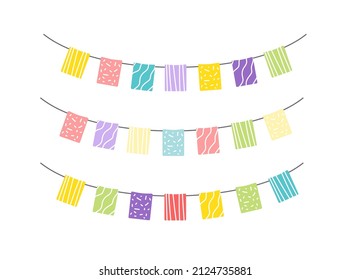 Garland of hanging flags. Set. Multicolored colorful checkboxes for children's party, Easter, birthday, greeting cards, decoration design. Clip art. Flat. Isolated vector stock illustration eps 10 on 