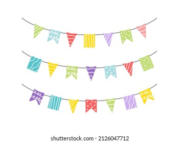 Garland of hanging flags. Set. Multicolored colorful checkboxes for children's party, Easter, birthday, greeting cards, decoration design. Clip art. Flat. Isolated vector stock illustration eps 10 on 