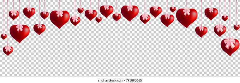 Garland with hanging hearts and ribbons, isolated on transparent background. Great for decoration of Valentine and Mothers day cards, wedding invitations, party posters and flyers, website and social 