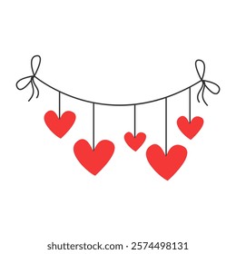 Garland with hanging hearts for Valentine's Day decor. Ideas for gifts, parties and romantic holidays. Vector illustration.