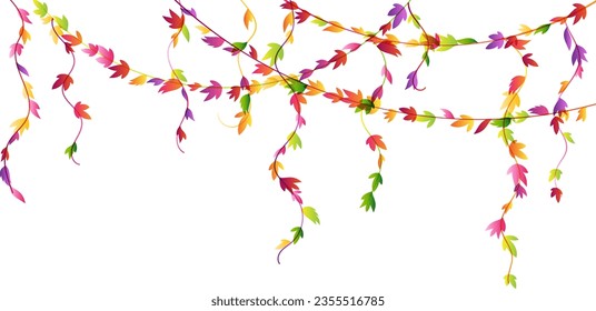 Garland from hanging plants with colorful autumn leaves. Simplistic horizontal foliage border. Vector isolated decoration element.