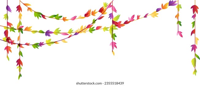 Garland from hanging plants with colorful autumn leaves. Simplistic horizontal foliage border. Vector isolated decoration element.