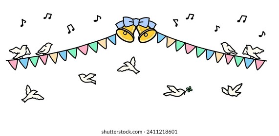 Garland header with dancing white pigeons and ringing bells