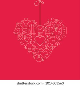 Garland heart template sketch poster with many beautiful objects symbolizing valentines day hand drawn on the red paper vector illustration