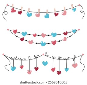 Garland with hearts in flat cartoon style. Border with hearts on white background. Vector illustration for Valentine's day for cards, stickers, banners, etc.