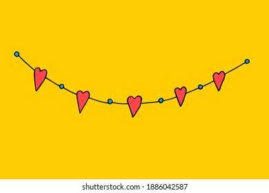 Garland of hearts for the holiday of all lovers Valentine's Day. Vector hand-drawn doodle illustration. Yellow background.