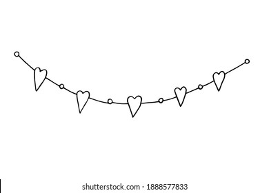 Garland of hearts for the holiday of all lovers Valentine's Day. Vector hand-drawn doodle illustration.	Black and white outline.