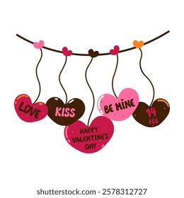 Garland of hearts. Multicolored hearts with handwritten inscriptions. Love message. Valentine's Day element. Vector illustration.