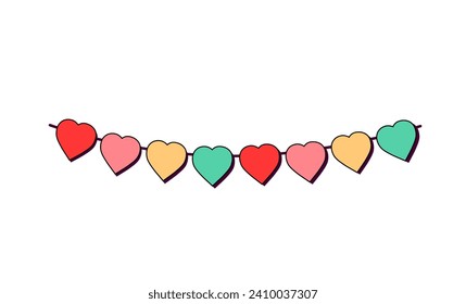 Garland con corazones para el Día de San Valentín. Banderas multicolores en forma de corazón. Decoración agradable el día de la boda. Vector aislado. Retro.