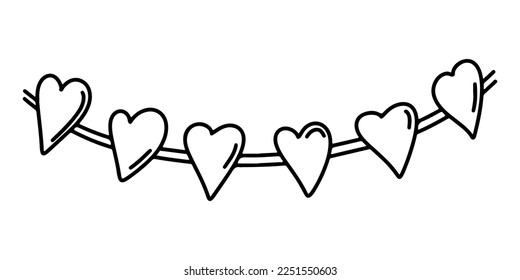 Garland of herats in hand drawn doodle style illustration. Vector. Holiday decoration. Contour black and white.