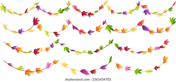 Garland from horizontal wavy plants with colorful autumn leaves. Simplistic foliage border. Vector isolated decoration element.