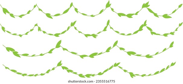 Garland from horizontal wavy plants with green leaves. Simplistic foliage border. Vector isolated decoration element.