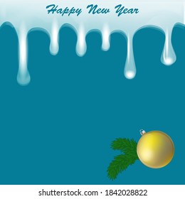 Garland of icicles on a blue background, fir branches, golden ball - vector. New Year. Christmas. Postcard, Banner, Poster svg