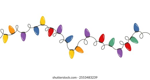 Garland illuminate lightbulbs. Vector realistic glowing colorful christmas lights. National lights day. Vector colorful holiday Christmas New Year.