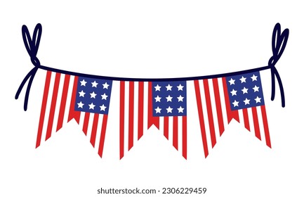 Garland für 4. Juli Unabhängigkeitstag der USA. USA Flagge mit Sternen und Streifen. Nationale Feriendekoration am Seil. Patriotisches Zeichen einzeln auf Weiß. Flachbildfernseher für Karten, Print, Web