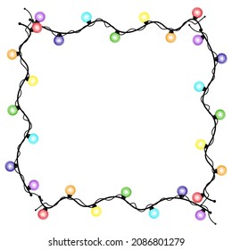 Garland lamp. Festive banner design. Holiday greeting. Stock image. Frame with . Glowing lights for Xmas Holiday cards, banners, posters, web design. Garlands decorations. Led neon lamps