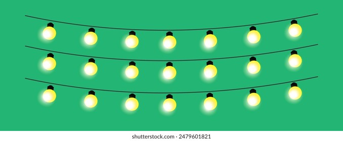 garland lamp, Glowing bulbs vector illustration, bulb decoration isolated, Christmas lights glowing, Festival lights for  banner design and street hanging bulb isolated, dim light, LED hanging light.