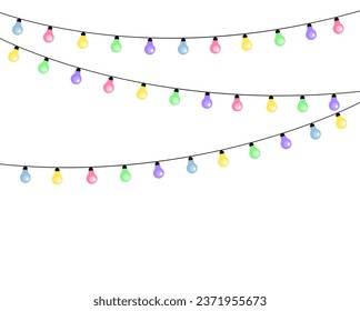Garland lamps set. Elements of decor for holiday and festival. Colorfullightbulbs at string. Light source and electrical equipment. Cartoon flat vector collection isolated on white background