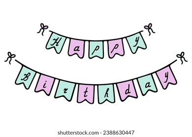 Garland. Lettering streamer - Happy birthday. Printed text, capital letters. Festive garland of purple and green flags. Fastened with bows. Vector illustration. Cartoon style. Isolated background