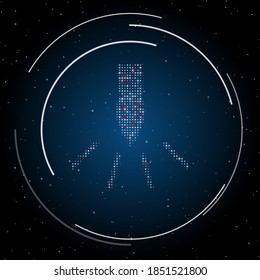 The garland light bulb symbol filled with white dots. Some dots is red. Vector illustration on blue background with stars