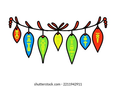 Garland with light bulbs on a thread, Christmas toys, color drawing, on a transparent background, for holiday decoration and printing