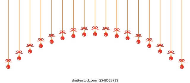 Garland of light bulbs. Red Christmas vertical garland strings with bows. Christmas web banner design. Festival, celebration or carnival decorations. Vector New Year party decor elements