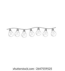 Garland with lightbulbs on ware. Graphics illustration. Lamp for Christmas decor and New Year's composition, Holidays design. Like an icons for idea. Vector.