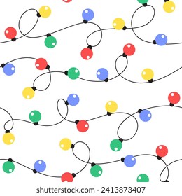 Garland with lights, color bulbs, shiny lamps seamless pattern. Simple flat vector illustrations, drawings. Christmas, new year, holiday, party background.