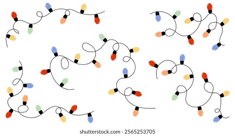 Garland lights curvy strings set. Colorful light bulbs for decoration, banner, poster, greeting card, web design.