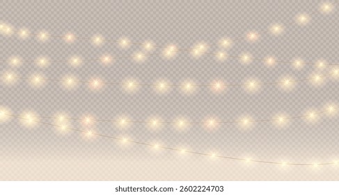 Garland of Lights. Decorative lights. Fairy lights chain. Wall decoration for party. Led bulb lamp string. Vector. PNG
