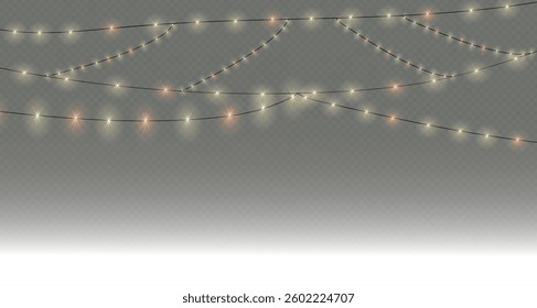 Garland of Lights. Decorative lights. Fairy lights chain. Wall decoration for party. Led bulb lamp string. Vector. PNG
