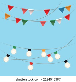 Garland Lights And Flags On Holiday. Blue Background. Vector Illustration.